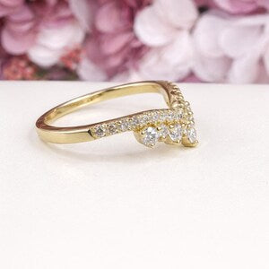 Chevron Lab Diamond Ring 14K Solid Gold , Matching Wedding Band , Unique Lab Grown Diamond Crown Stacking Ring , Ladies Pinky Ring #8838
