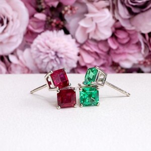 May Birthstone Earrings , Ladies Earrings , Asscher Emerald Studs , 14k Gold Earrings, Mothers Day , Birthday Gift , #8841