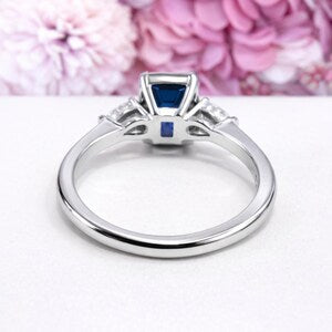 Emerald Cut Blue Sapphire Engagement Ring, Pear Lab Grown Diamonds, 14K Gold #8857