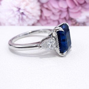 Emerald Cut Blue Sapphire Engagement Ring, Pear Lab Grown Diamonds, 14K Gold #8857