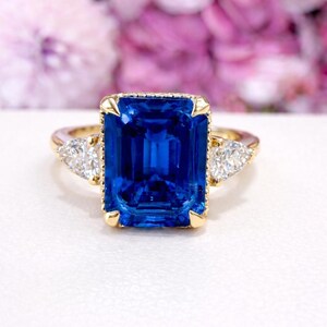 Emerald Cut Blue Sapphire Engagement Ring, Pear Lab Grown Diamonds, 14K Gold #8857