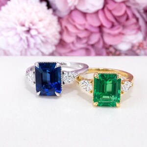 Emerald Cut Blue Sapphire Engagement Ring, Pear Lab Grown Diamonds, 14K Gold #8857