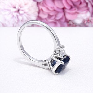 Emerald Cut Blue Sapphire Engagement Ring, Pear Lab Grown Diamonds, 14K Gold #8857