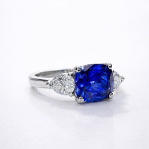 Cushion Cut Blue Sapphire Engagement Ring 14k Solid Gold, East West Blue Sapphire Ring, September Birthstone Ring #8854