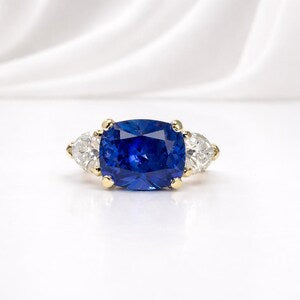 Cushion Cut Blue Sapphire Engagement Ring 14k Solid Gold, East West Blue Sapphire Ring, September Birthstone Ring #8854