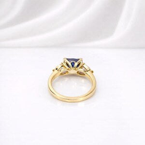 Cushion Cut Blue Sapphire Engagement Ring 14k Solid Gold, East West Blue Sapphire Ring, September Birthstone Ring #8854