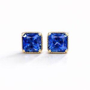 Radiant Cut Stud Earrings 14K Solid Gold, Birthstone Earrings #8878