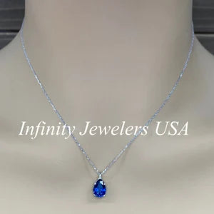 Blue Sapphire Necklace 10K White Gold, Pear Shape Blue Sapphire Pendant Necklace For Ladies, Layering September Birthstone Jewelry, #8847