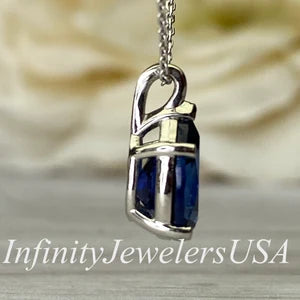 Blue Sapphire Necklace 10K White Gold, Pear Shape Blue Sapphire Pendant Necklace For Ladies, Layering September Birthstone Jewelry, #8847