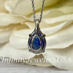 Blue Sapphire Necklace 10K White Gold, Pear Shape Blue Sapphire Pendant Necklace For Ladies, Layering September Birthstone Jewelry, #8847