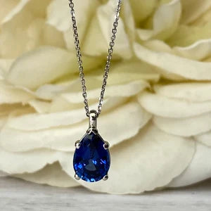 Blue Sapphire Necklace 10K White Gold, Pear Shape Blue Sapphire Pendant Necklace For Ladies, Layering September Birthstone Jewelry, #8847