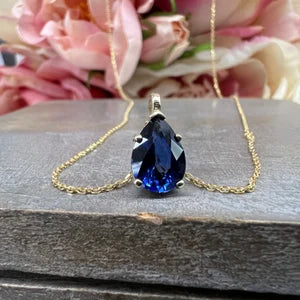 Blue Sapphire Necklace 10K White Gold, Pear Shape Blue Sapphire Pendant Necklace For Ladies, Layering September Birthstone Jewelry, #8847