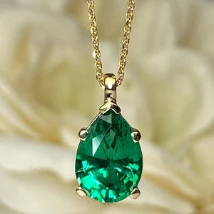 Pear Shape Emerald Pendant 10K Yellow Gold Necklace, Pear Shape Green Emerald Necklace For Ladies, Layering May Birthstone Jewelery, #8848