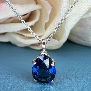 Blue Sapphire Necklace 10K White Gold, Pear Shape Blue Sapphire Pendant Necklace For Ladies, Layering September Birthstone Jewelry, #8847