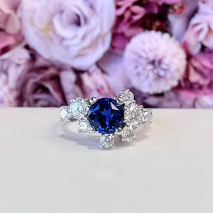 Blue Sapphire and Lab Diamond Geometric Ring 14K Solid Gold, Blue Sapphire Cluster Ring September Birthstone #8800