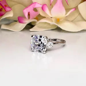 Asscher Cut Moissanite Engagement Ring 14K Solid Gold , Asscher Cut Solitaire Moissanite Wedding Ring 3 Stone Everyday Ring #8801