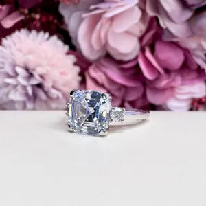 Asscher Cut Moissanite Engagement Ring 14K Solid Gold , Asscher Cut Solitaire Moissanite Wedding Ring 3 Stone Everyday Ring #8801