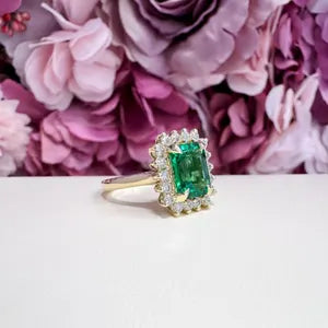 Emerald Cut Emerald Engagement Ring, Moissanite Halo, May Birthstone #8804