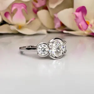 Moissanite Engagement Ring Bezel Set , Round Moissanite Three Stone Bezel Set Engagement Ring , Trendy Moissanite Ring For Women , #8813