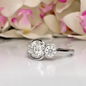 Moissanite Engagement Ring Bezel Set , Round Moissanite Three Stone Bezel Set Engagement Ring , Trendy Moissanite Ring For Women , #8813