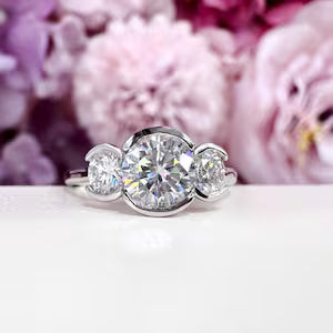 Lab Grown Diamond Engagement Ring Bezel Set , Round Lab Diamond Three Stone Bezel Set Engagement Ring , Trendy Bezel Set Diamond Ring #8814