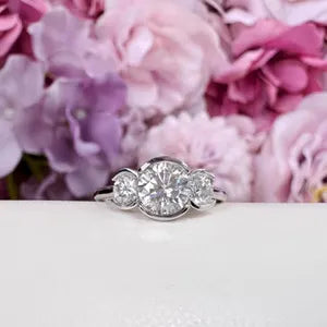 Moissanite Engagement Ring Bezel Set , Round Moissanite Three Stone Bezel Set Engagement Ring , Trendy Moissanite Ring For Women , #8813