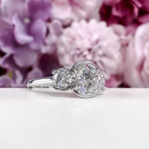 Moissanite Engagement Ring Bezel Set , Round Moissanite Three Stone Bezel Set Engagement Ring , Trendy Moissanite Ring For Women , #8813