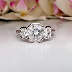 Moissanite Engagement Ring Bezel Set , Round Moissanite Three Stone Bezel Set Engagement Ring , Trendy Moissanite Ring For Women , #8813