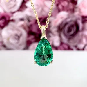 10K Gold Emerald Necklace , Pear Shape Emerald Pendant , Teardrop Emerald Pendant Necklace with Chain , May Birthstone Jewelry , #8846