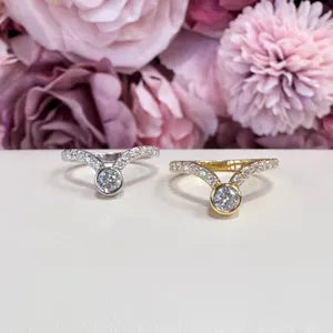 Lab Grown Diamond Chevron Ring: 14K Gold Bezel Stacking Ring , Curved Matching Wedding Band , V shape Diamond Band , Pinky Ring , #8817