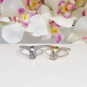 Lab Grown Diamond Chevron Ring: 14K Gold Bezel Stacking Ring , Curved Matching Wedding Band , V shape Diamond Band , Pinky Ring , #8817