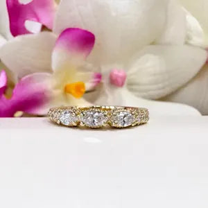 Lab Diamond Wedding Band , Unique Antique Marquis Lab Grown Diamond Stacking Band 14K Solid Gold , Half Eternity Cluster Diamond Ring #8832