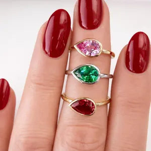 Bezel Set Pear Shape Emerald, Ruby, Pink Sapphire, Birthstone Ring 14K Solid Gold , Pear Shape Solitire Sideways Ring #8834