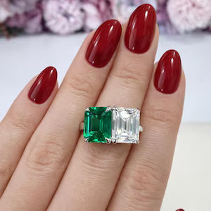 Toi Et Moi Ring Emerlad Cut Engagement Ring 14K Solid Gold Unique Two Stone Wedding Promise Anniversary Ring Two Stone Ring #8835