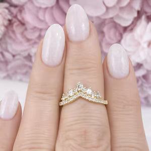 Chevron Lab Diamond Ring 14K Solid Gold , Matching Wedding Band , Unique Lab Grown Diamond Crown Stacking Ring , Ladies Pinky Ring #8838