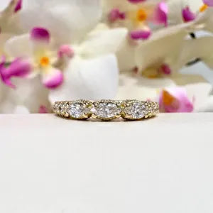 Lab Diamond Wedding Band , Unique Antique Marquis Lab Grown Diamond Stacking Band 14K Solid Gold , Half Eternity Cluster Diamond Ring #8832