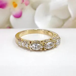 Lab Diamond Wedding Band , Unique Antique Marquis Lab Grown Diamond Stacking Band 14K Solid Gold , Half Eternity Cluster Diamond Ring #8832