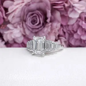 3.30 CTW 7 Stone Lab Diamond Emerald Cut Engagement Ring , Emerald Cut & Graduated Baguette Diamond Ring #8812