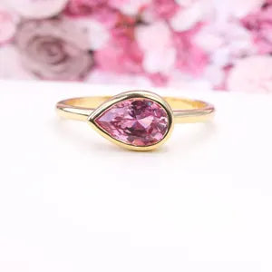 Bezel Set Pear Shape Emerald, Ruby, Pink Sapphire, Birthstone Ring 14K Solid Gold , Pear Shape Solitire Sideways Ring #8834