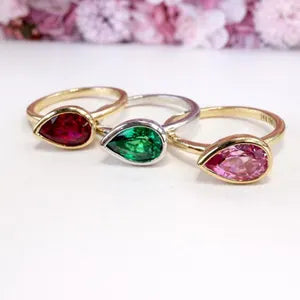 Bezel Set Pear Shape Emerald, Ruby, Pink Sapphire, Birthstone Ring 14K Solid Gold , Pear Shape Solitire Sideways Ring #8834