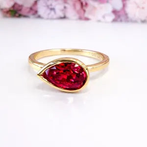 Bezel Set Pear Shape Emerald, Ruby, Pink Sapphire, Birthstone Ring 14K Solid Gold , Pear Shape Solitire Sideways Ring #8834