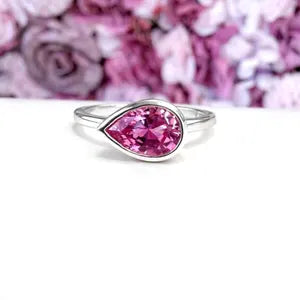 Bezel Set Pear Shape Emerald, Ruby, Pink Sapphire, Birthstone Ring 14K Solid Gold , Pear Shape Solitire Sideways Ring #8834