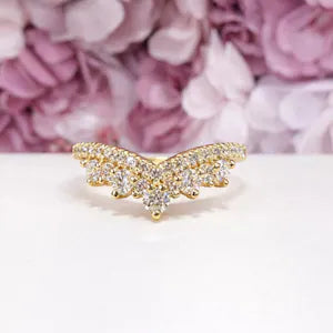 Chevron Lab Diamond Ring 14K Solid Gold , Matching Wedding Band , Unique Lab Grown Diamond Crown Stacking Ring , Ladies Pinky Ring #8838