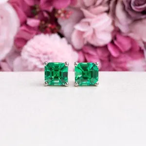 May Birthstone Earrings , Ladies Earrings , Asscher Emerald Studs , 14k Gold Earrings, Mothers Day , Birthday Gift , #8841