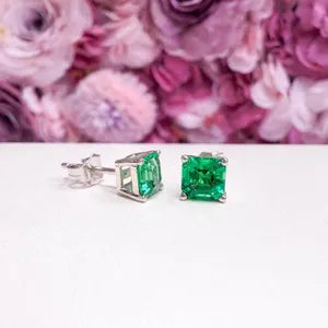 May Birthstone Earrings , Ladies Earrings , Asscher Emerald Studs , 14k Gold Earrings, Mothers Day , Birthday Gift , #8841