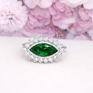 Evil Eye Ring Yellow Gold Marquis Cut Evil Eye Ring Women Unique Emerald East West Marquis Ring #7351
