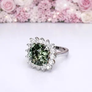 3.95 CTW Cushion Cut Olive green Sapphire Engagement Ring With Lab Grown Diamond Halo 14K Solid Gold with a Euro Shank #8852