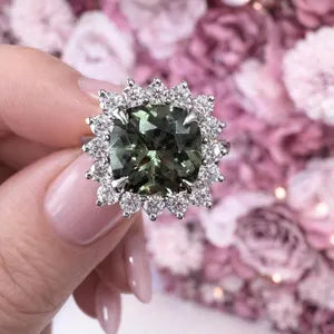 3.95 CTW Cushion Cut Olive green Sapphire Engagement Ring With Lab Grown Diamond Halo 14K Solid Gold with a Euro Shank #8852