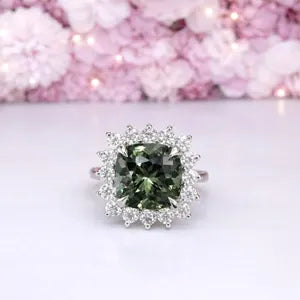 3.95 CTW Cushion Cut Olive green Sapphire Engagement Ring With Lab Grown Diamond Halo 14K Solid Gold with a Euro Shank #8852