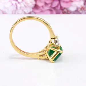 Emerald Cut Emerald Engagement Ring with Pear Shape Lab Grown Diamonds 14K Solid Gold , May Birthstone Ring , Trendy Ring #8857